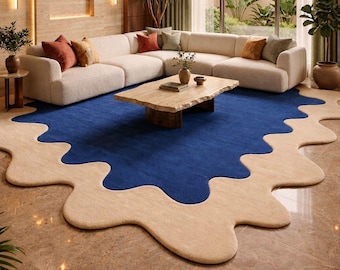 Luxus Blauer Abstrakter Teppich - Handgetufteter Wollteppich, moderner Teppich in organischer Form für Wohnzimmer, Designer Dopamin-Dekor