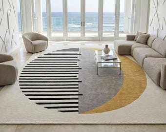 Handmade Tufted Abstract Geometric Rug – Neutral Beige Black Area Carpet