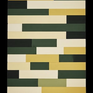 May include: A rectangular, geometric pattern composed of horizontal bars in varying shades of green, yellow, and off-white. The design is set against a black background, creating a striking contrast. The arrangement suggests a modern, abstract aesthetic.