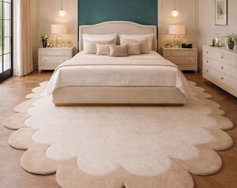 Hand-Tufted Wool Scalloped Rug – Soft Beige Floral Edge Carpet, Minimalist Statement Home Decor