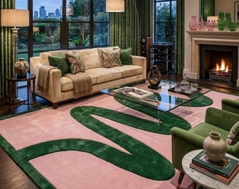 Abstract Pink Green Rug Hand Tufted Wool Modern Luxury Area Rug Plush Statement Carpet Living Room Decor 8x10 9x12 Custom Size