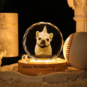 Personalized 3D Crystal Photo Portrait Engraving,Pet Birthday Gifts,Engraved Crystal Photo With Light,Custom Memorial Pet Photo Crystal Gift