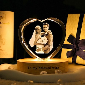 Personalized 3D Crystal Photo Cube w/Light Base,Anniversary Keepsake Gift for Him，Custom Laser Engraved Etched Picture Crystal Brick Cube.