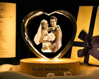 Personalized 3D Crystal Photo with Light text wood Base,Anniversary/Christmas Gift for Him/Her,Custom Laser Engraved Etched Picture Crystal.