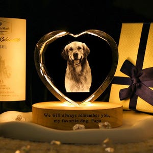 Personalized Heart 3D Crystal Photo Portrait LED,Light up 3D Crystal Photo,Engraved Crystal Photo With Light,3D Crystal Photo Gift for Pet.