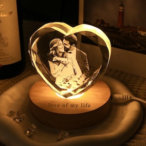Retrato fotográfico de cristal 3D con forma de corazón personalizado, LED, foto de cristal grabada con luz, foto de cristal 3D, regalo de aniversario de San Valentín para él.