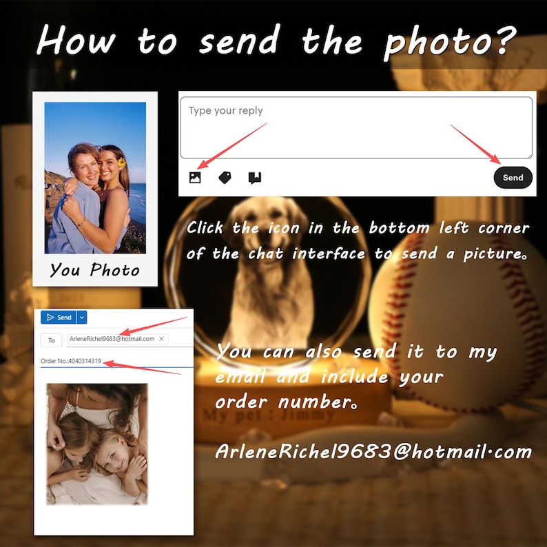 May include: An instructional graphic titled How to send the photo? showing steps to upload images via chat or email. It includes a sample photo of two people, a chat interface with a send button, and an email template with the address ArleneRichel19683@hotmail.com.