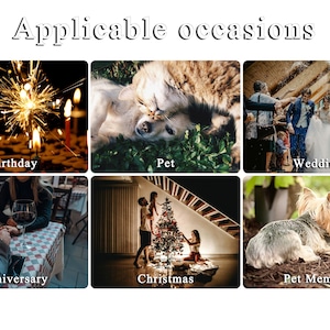 May include: A collage of six images labeled Applicable occasions, featuring a birthday cake with sparklers, a cat and dog, a wedding ceremony, a couple at a dinner table, a family decorating a Christmas tree, and a dog near a pet memorial stone.