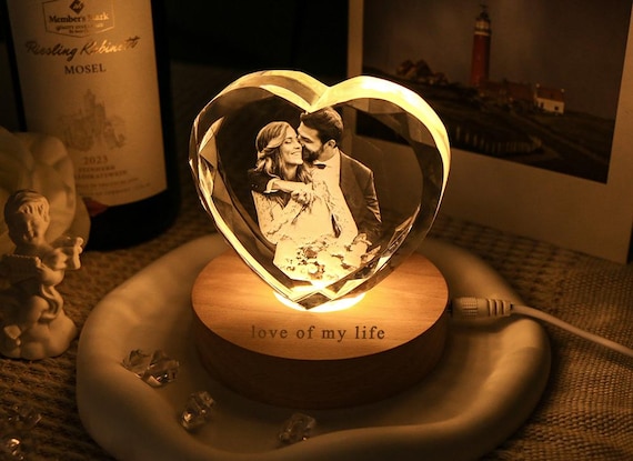 Personalized Heart 3D Crystal Photo Portrait LED, Engraved Crystal Photo With Light, Custom Crystal Photo Anniversary gift for him/her