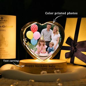 Personalized Heart Crystal Photo Portrait,Engraved 3D Crystal Photo With Light,Custom Crystal Photo Gift for Birthday,Light up Crystal Photo