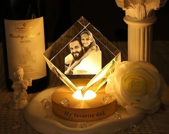 Personligt hjärta 3D kristallfotoporträtt LED, graverat kristallfoto med ljus, kristallfotopresent till pappa, fotoporträtt födelsedagspresenter