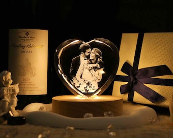 Personalized Heart 3D Crystal Photo Portrait LED,Anniversary gift,Portrait in Crystal,Custom Portrait in Crystal Light,3D Crystal Photo Gift