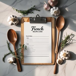 Modèle de carte de recette française - carte de recette imprimable en toile minimaliste, cadeau de cuisine modifiable, lettre A5 et US, style campagnard français rustique