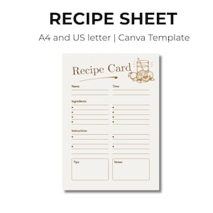 Editable Recipe Card Template | Printable A4 & US Letter Size | Minimalist Recipe Sheet for Kitchen Binder or Gift