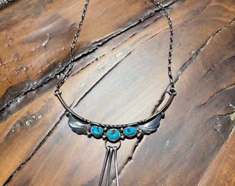 Vintage Sterling and Turquoose signed Fred Guerro necklace w Sterling fringe