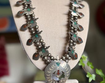Vintage Sterling und Türkis w Coral Peyote Vogel/Thunderbird Navajo Statement Halskette. 123 gr.