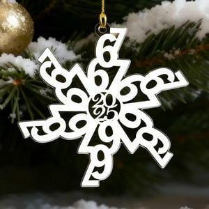 May include: White snowflake Christmas ornament with the numbers 2025 cut out in the centre. The ornament hangs from a gold string against a backdrop of a Christmas tree with snow, gold and red baubles.