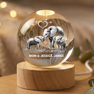May include: A clear glass sphere with a family of elephants inside, resting on a wooden base. The elephants are in black and white, with a heart and butterflies above them. The text "MOM & JESSICA, JAMES" is below the elephants.