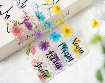 Bokmärke med pressade blommor för kvinnor, bokmärken för lärare, personligt bokmärke, blommigt bokmärke med namn, tacksägelsepresent, boktillbehör