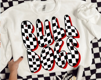 Varsity Bulldogs Red checkered Mascot shirt design, retro checkered png, skater checkered digital design for dtf or sublimation png