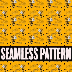Può includere: Un motivo senza cuciture con api dei cartoni animati, occhiali da sole e la parola "Jackets" su uno sfondo giallo con pois neri. La frase "SEAMLESS PATTERN" è visualizzata in lettere bianche in grassetto su uno striscione nero.