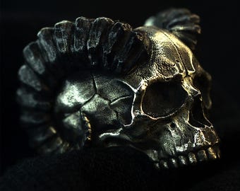 May include: A detailed, silver-toned skull sculpture with a textured surface. The skull features a mohawk-style design on top and is set against a dark background. The sculpture is a unique piece of art.