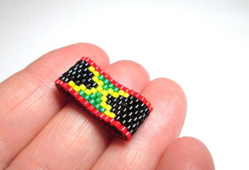 Jamaican Flag Bead Ring on Black Band with Red Jamaican Etsy