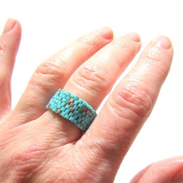 Turquoise and Gold Seed Bead Ring Brickwork Style  Beaded Ring  Beadwoven Ring  Mens Ring  Men's Turquoise Band  Unisex Jewelry - RG00631