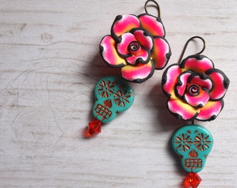 Sugar Skull Earrings: Czech Glass, Polymer Flowers, Swarovski Crystals