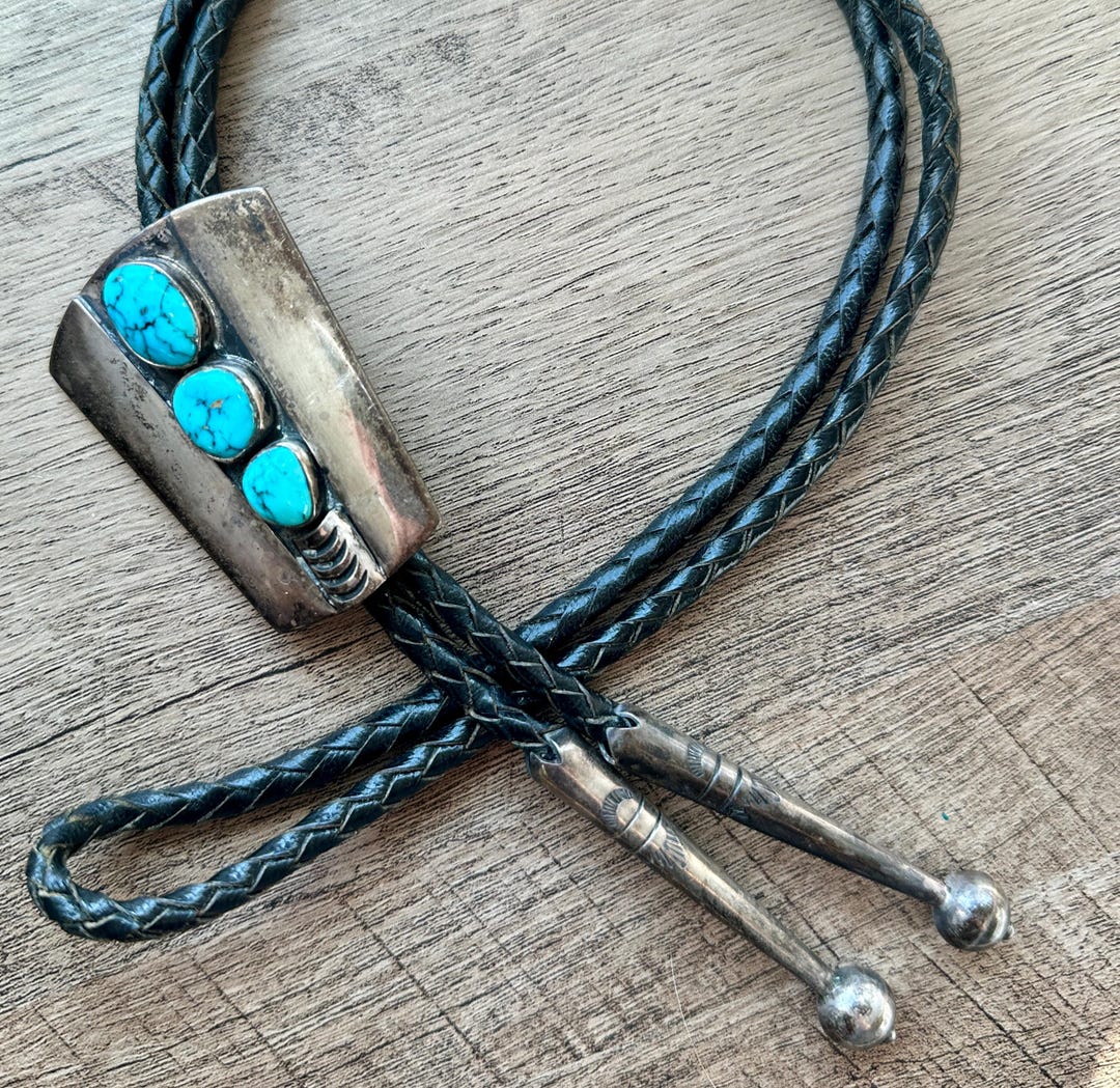 Authentic Vintage Navajo Bolo Tie - Signed - Turquoise and Sterling ...
