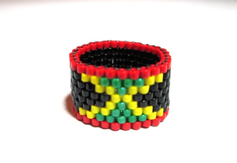 Jamaican Flag Bead Ring on Black Band with Red Jamaican Etsy