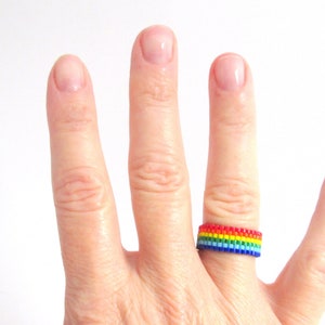 Indigo Rainbow Beaded Ring - Queer Pride Bead Ring - Thin Band Solidarity Seed Bead Ring - LGBTQIA