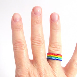 Rainbow Beaded Ring: Pride Jewelry, Seed Bead Band