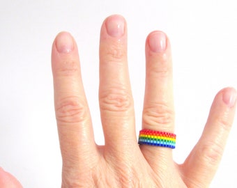 Indigo Rainbow Beaded Ring - Queer Pride Bead Ring - Thin Band Solidarity Seed Bead Ring - LGBTQIA