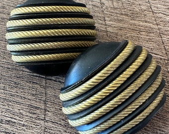 Vintage Large Black Metal Coat Buttons - Black Domed Buttons with Braided Gold Rope Stripes - Dress Coat Buttons