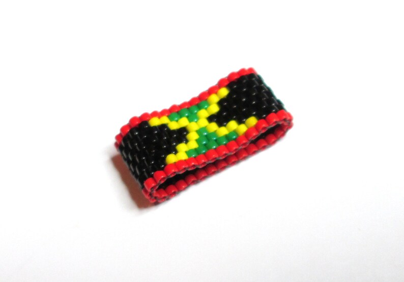 Jamaican Flag Bead Ring on Black Band with Red Jamaican Etsy