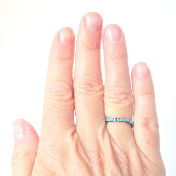 Skinny Turquoise and Copper Cubic Line Beaded Ring - Stacking ring woven with cubic glass seed beads