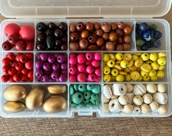 Mixed Bead Destash - 200+ Wood Beads - Huge Value - Includes Vintage and Modern Multi Colored Beads - Gift for Beaders