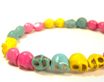 Pan Pride Skull Bracelet, Halloween, Dia de los Muertos, Day of the Dead, Pansexual Panromantic Identity Jewelry, LGBTQIA+