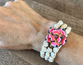 Sugar Skull Bracelet with Pink and Black Plumeria Rose Focal - Flower Stretch Triple Wrap or Necklace - Day of the Dead - Halloween - Goth