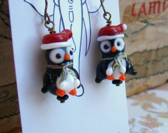 Christmas Penguin Earrings with Santa Hats Lampwork Glass Hypoallergenic Holiday Jewelry Gift Idea