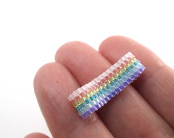 Frosty Pastel Rainbow beaded peyote ring, Gay pride bead ring, thin band ring, queer lesbian pride  LGBT  LGBTQ  Galentines