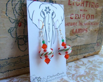 Christmas Earrings  Red White Green  Lampwork Glass and Swarovski Crystal Earrings Sterling Silver Earrings - HO0016