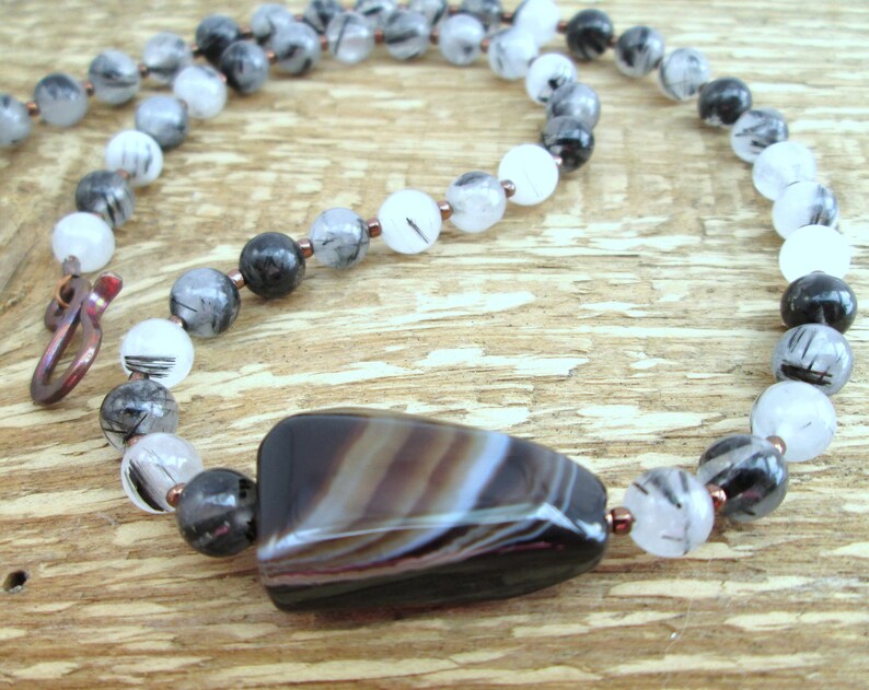 Black Agate and Rutilated Quartz Necklace, Black and White Choker Gemstone Necklace, Monochrome Necklace BJ0034 image 2