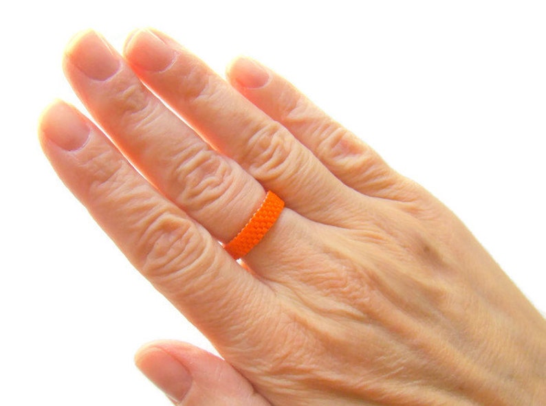 Skinny Bead Ring in Bright Orange Minimalist Seed Bead Ring Narrow Band Peyote Beadwoven Ring Unisex Ring for Men or Women Thin Ring