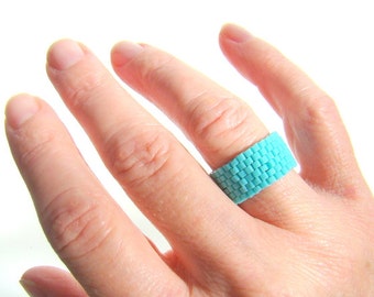 Turquoise Seed Bead Ring Brickwork Style - Glass Beadwoven Ring - Unisex Jewelry Ring for Man or Woman