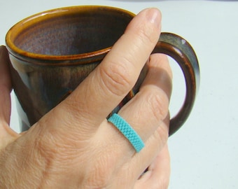 Skinny Seed Bead Ring in Sky Blue Turquoise  Minimalist Bead Pinky Ring  Narrow Band Peyote Beadwoven  Unisex Thin Ring for Men and Women