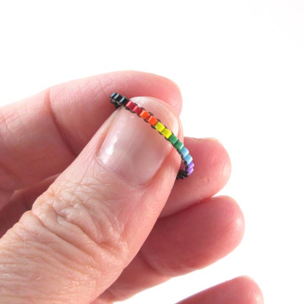 Skinny Rainbow Pride Ring, Thin Line Skinny Peyote Ring, Gay Pride Bead Ring, Rainbow Jewelry, LoveisLove LGBT LGBTQ