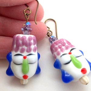 Buddha Face Chunky Statement Earrings in Lampwork Glass with Swarovski Crystals image 4