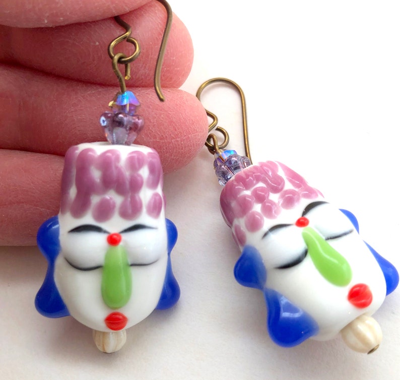 Buddha Face Chunky Statement Earrings in Lampwork Glass with Swarovski Crystals image 4